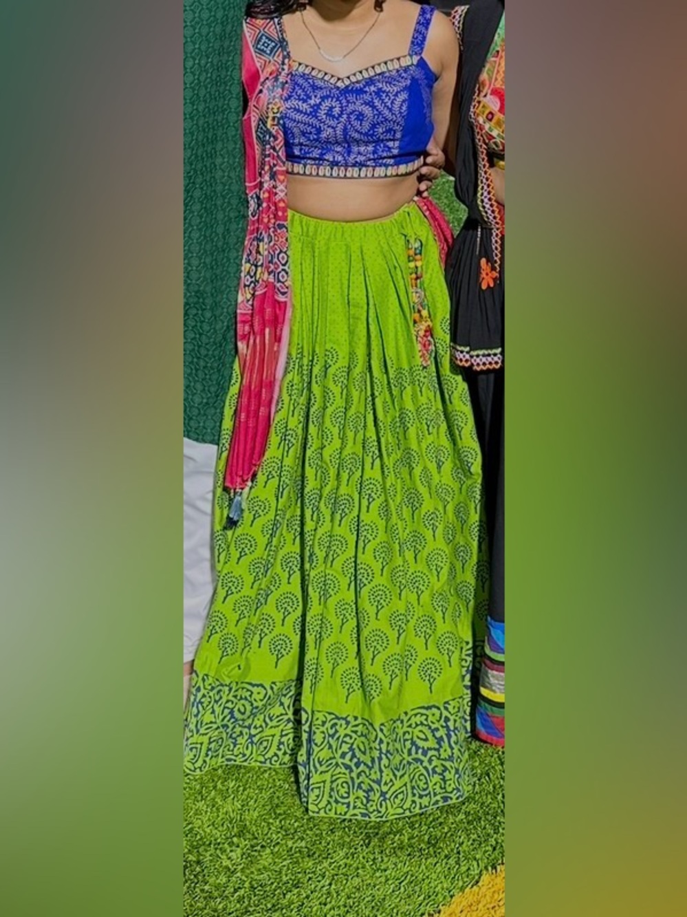 Blue & Lime Green Printed Lehenga — Women